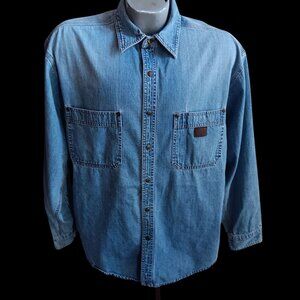 Vintage Large Denim Shirt Bugle Boy Light Blue Button Down 90s Leather Patch